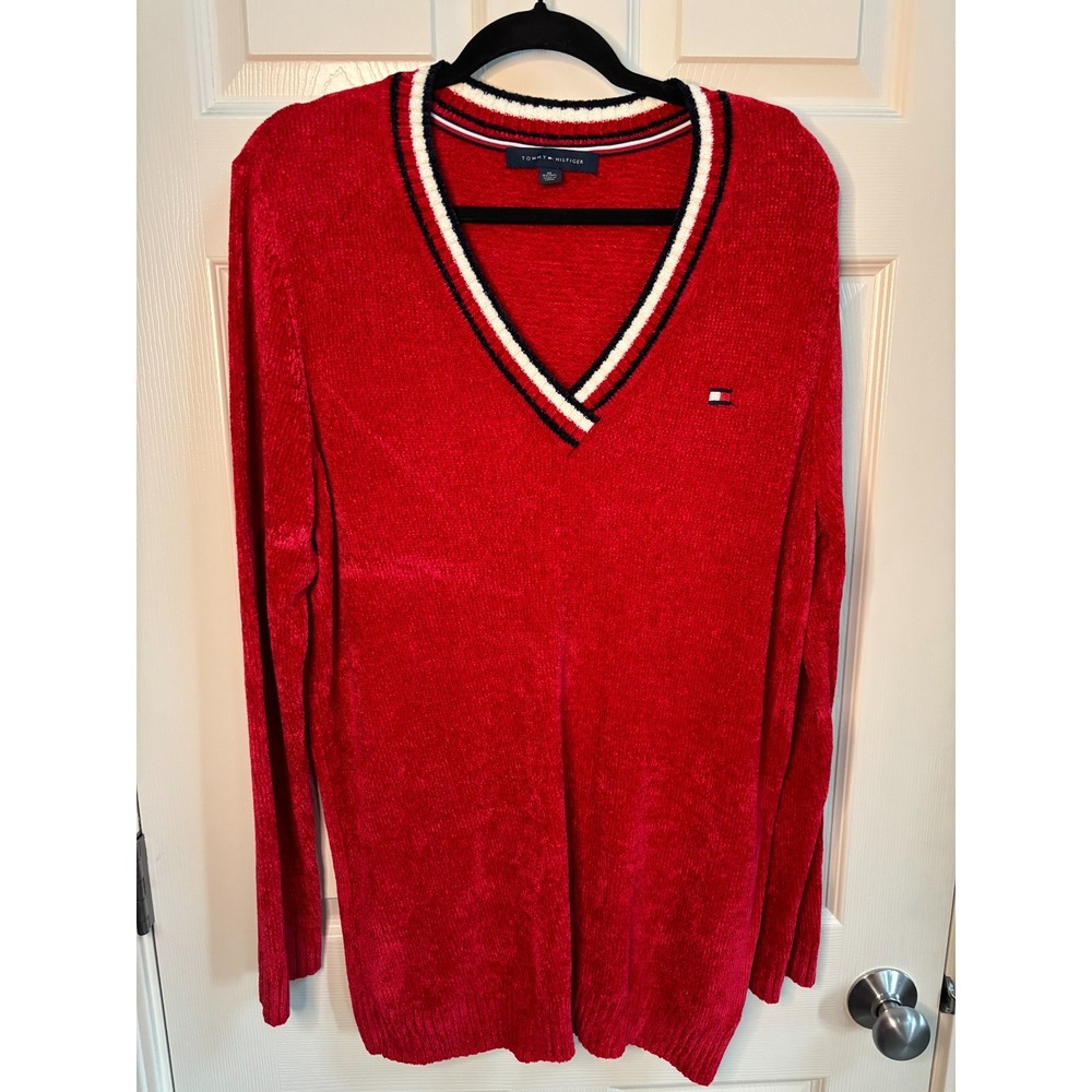 Tommy Hilfiger Womens Red Chenille V-Neck Sweater Striped Trim XL Preppy Sporty